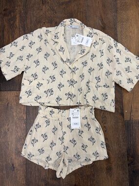 Zara Cream Short Sleeve Floral Crop Top & Shorts Set